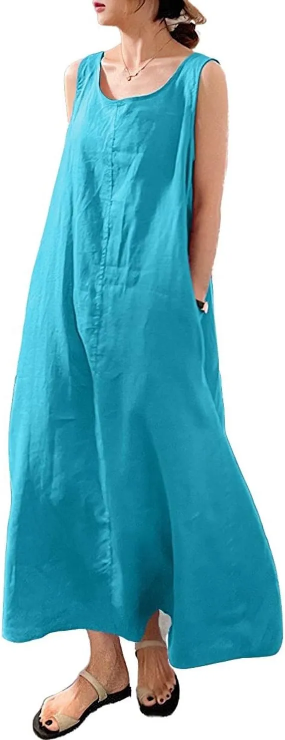 chouyatou Women's Summer Casual Sleeveless Cotton Sun Dress Maxi Tunic Tank Beach Dress with Pocket