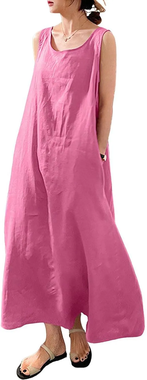 chouyatou Women's Summer Casual Sleeveless Cotton Sun Dress Maxi Tunic Tank Beach Dress with Pocket