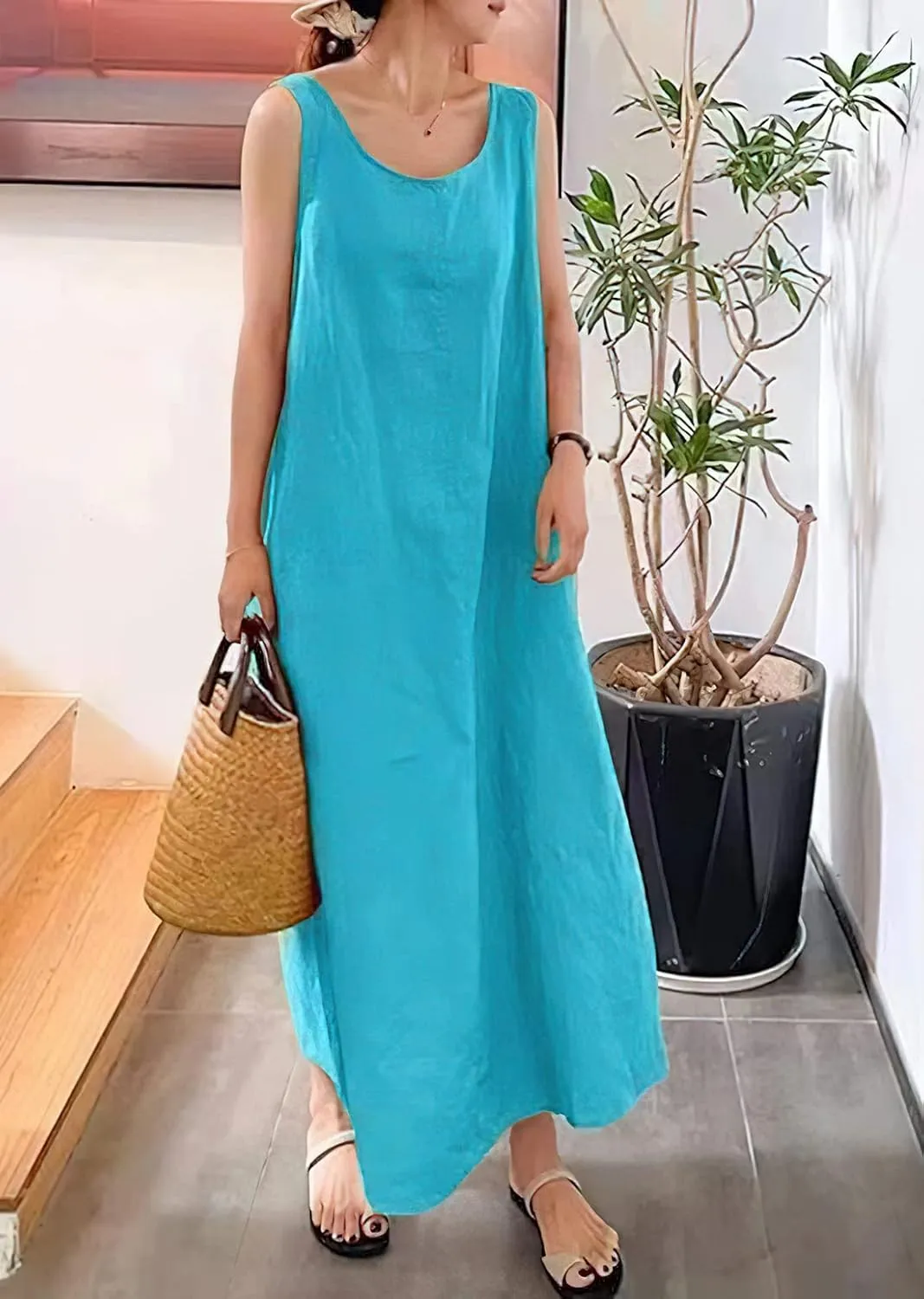 chouyatou Women's Summer Casual Sleeveless Cotton Sun Dress Maxi Tunic Tank Beach Dress with Pocket