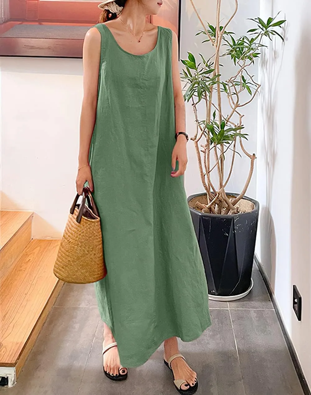 chouyatou Women's Summer Casual Sleeveless Cotton Sun Dress Maxi Tunic Tank Beach Dress with Pocket