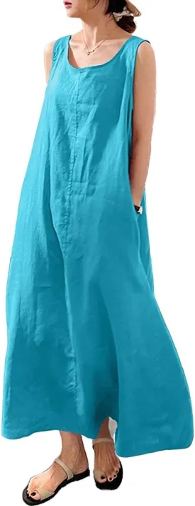 chouyatou Women's Summer Casual Sleeveless Cotton Sun Dress Maxi Tunic Tank Beach Dress with Pocket