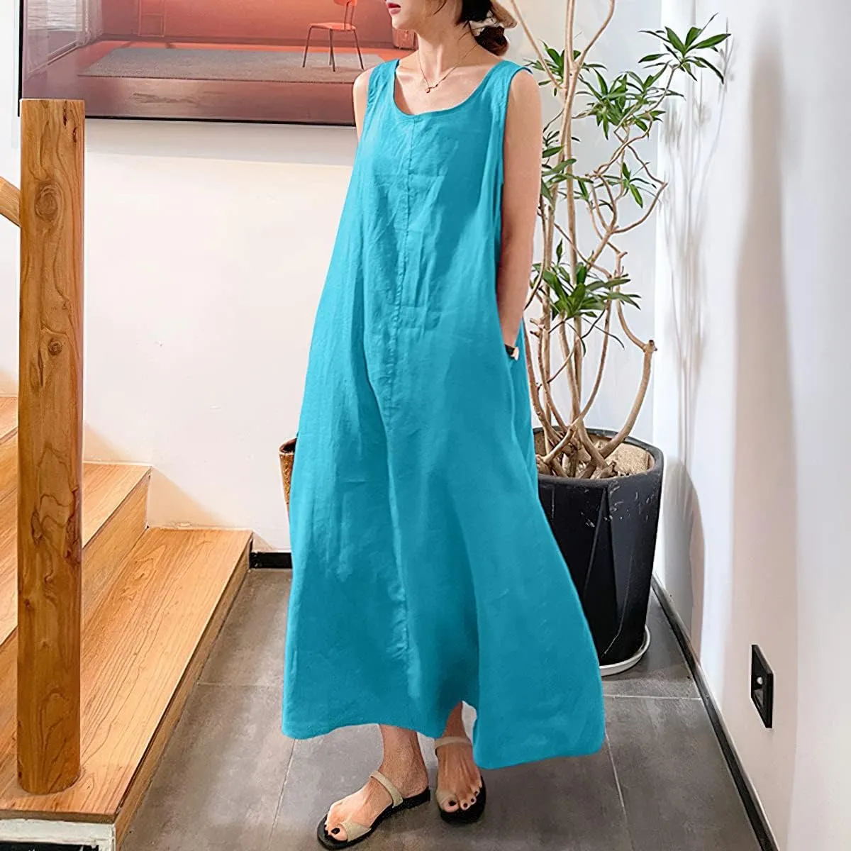 chouyatou Women's Summer Casual Sleeveless Cotton Sun Dress Maxi Tunic Tank Beach Dress with Pocket