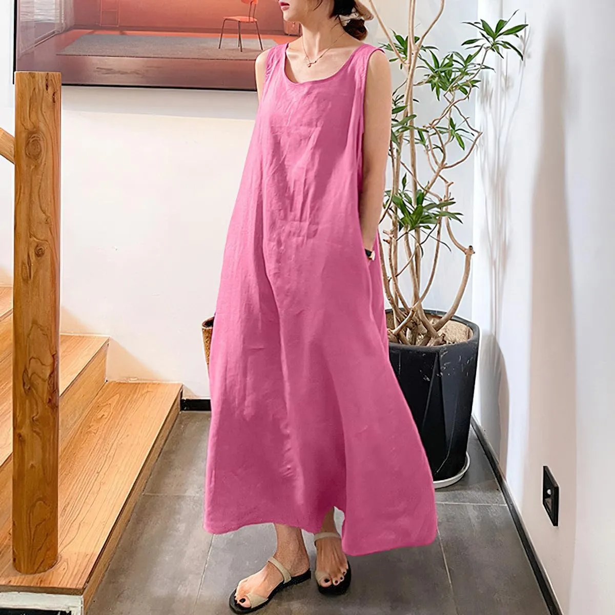chouyatou Women's Summer Casual Sleeveless Cotton Sun Dress Maxi Tunic Tank Beach Dress with Pocket
