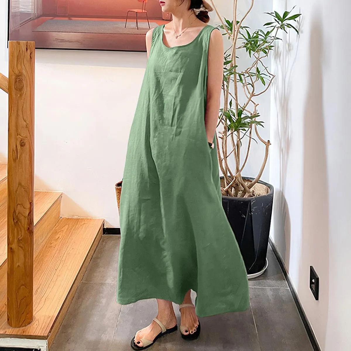 chouyatou Women's Summer Casual Sleeveless Cotton Sun Dress Maxi Tunic Tank Beach Dress with Pocket