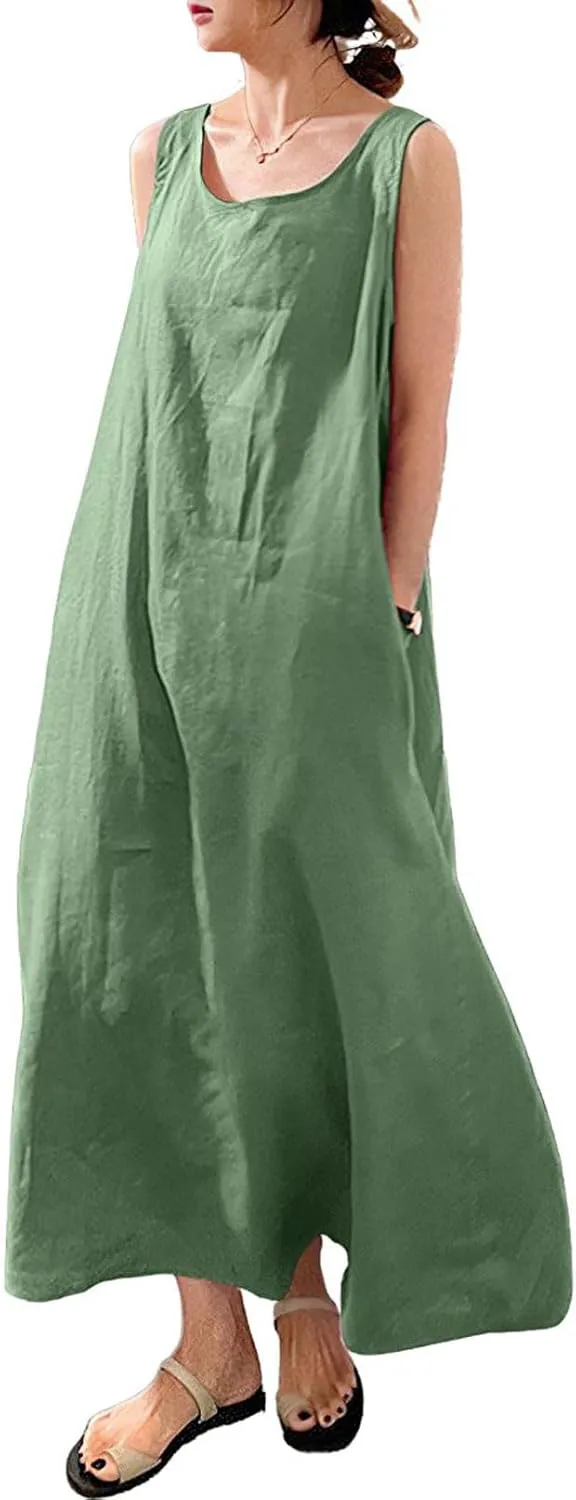 chouyatou Women's Summer Casual Sleeveless Cotton Sun Dress Maxi Tunic Tank Beach Dress with Pocket