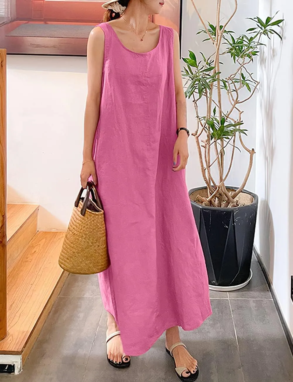 chouyatou Women's Summer Casual Sleeveless Cotton Sun Dress Maxi Tunic Tank Beach Dress with Pocket
