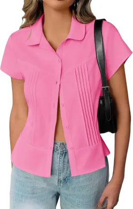 Cicy Bell Womens Short Sleeve Button Down Shirts Pleated Slim Fit Summer Dressy Casual Blouses
