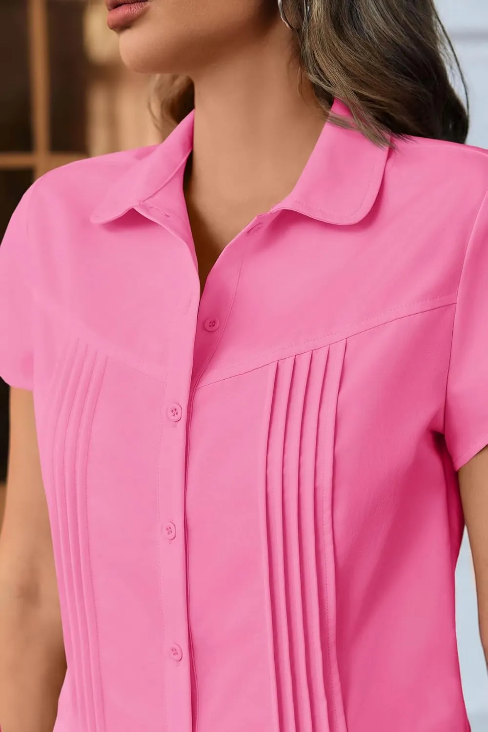 Cicy Bell Womens Short Sleeve Button Down Shirts Pleated Slim Fit Summer Dressy Casual Blouses