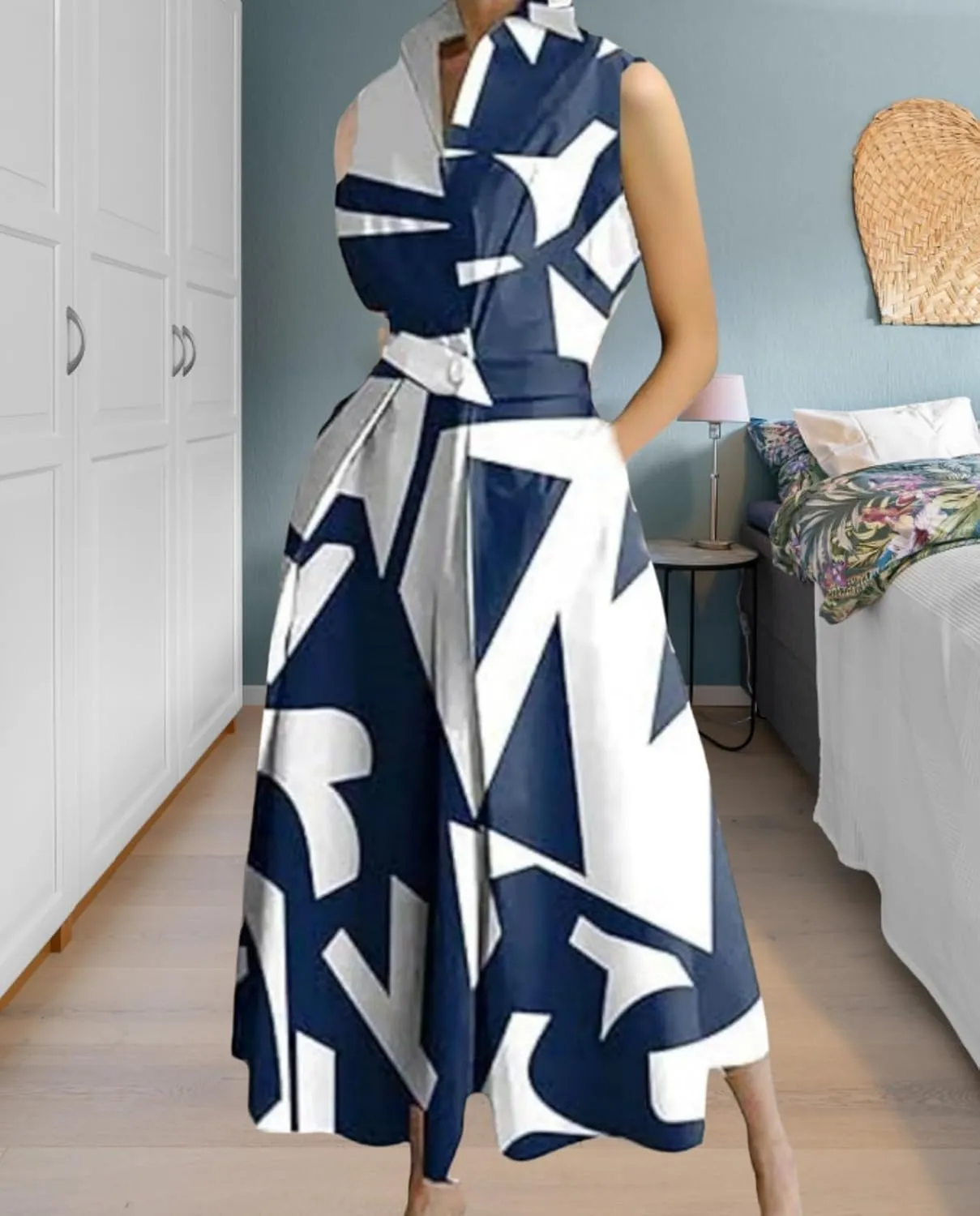 Cotton Linen Maxi Shirt Dress for Women Casual Lapel V Neck Button Shirtwaist Pleated Long Dresses with Pockets