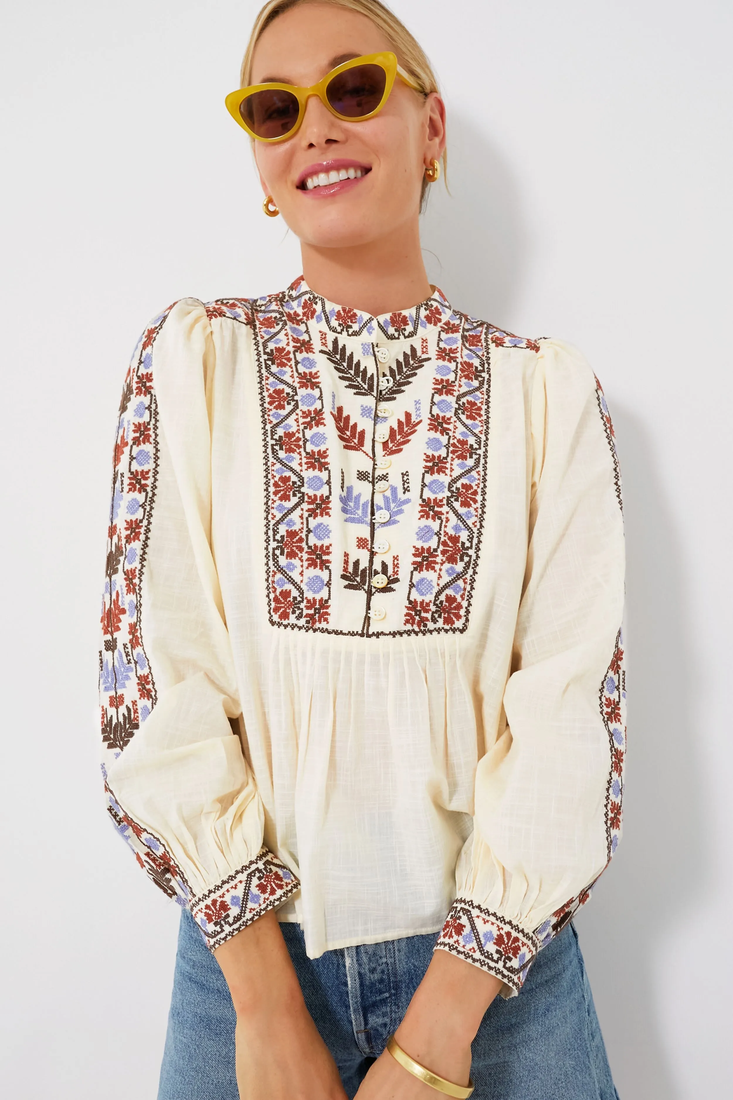 Cream Ellabeth Embroidered Long Sleeve Top