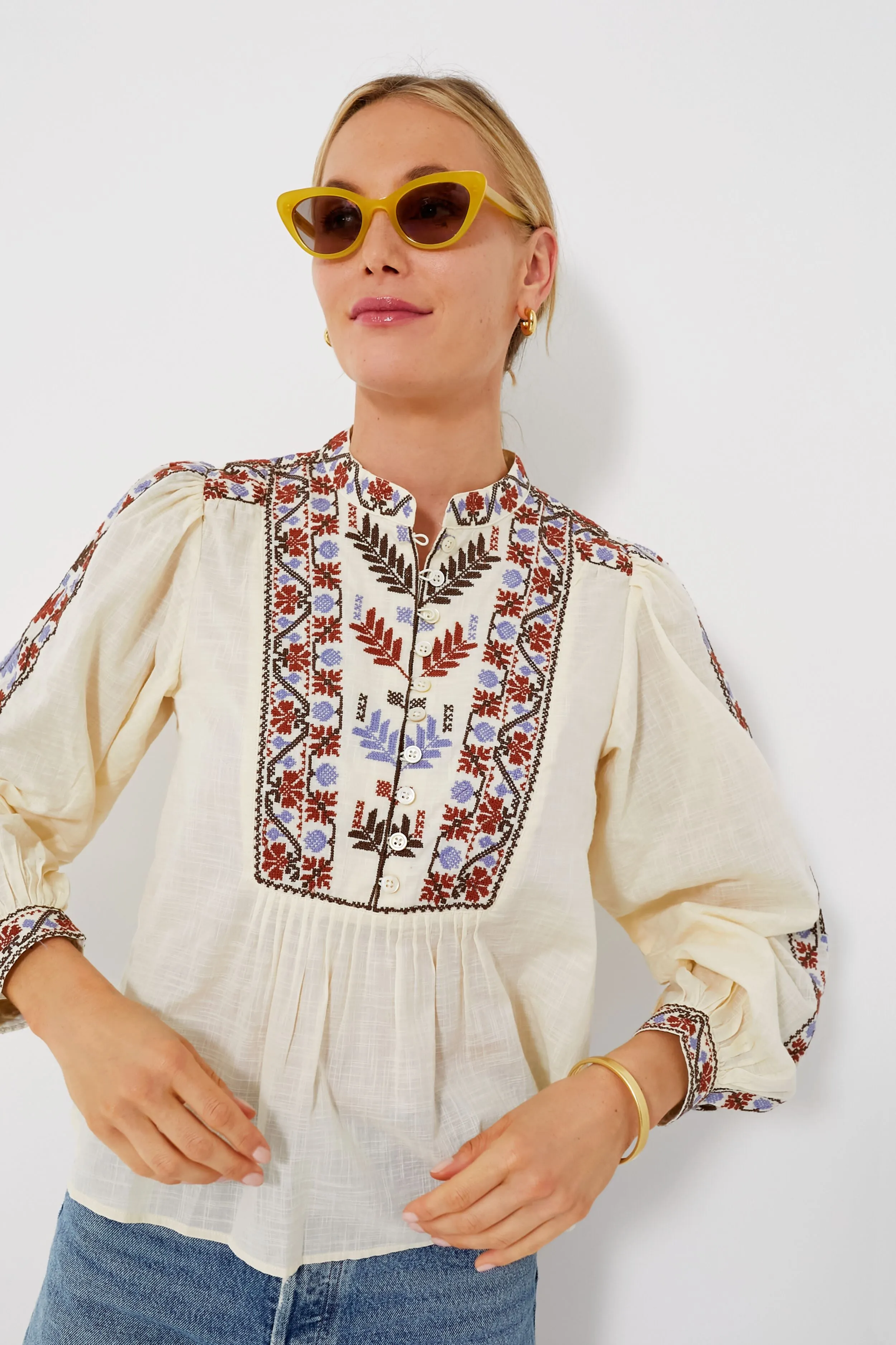 Cream Ellabeth Embroidered Long Sleeve Top