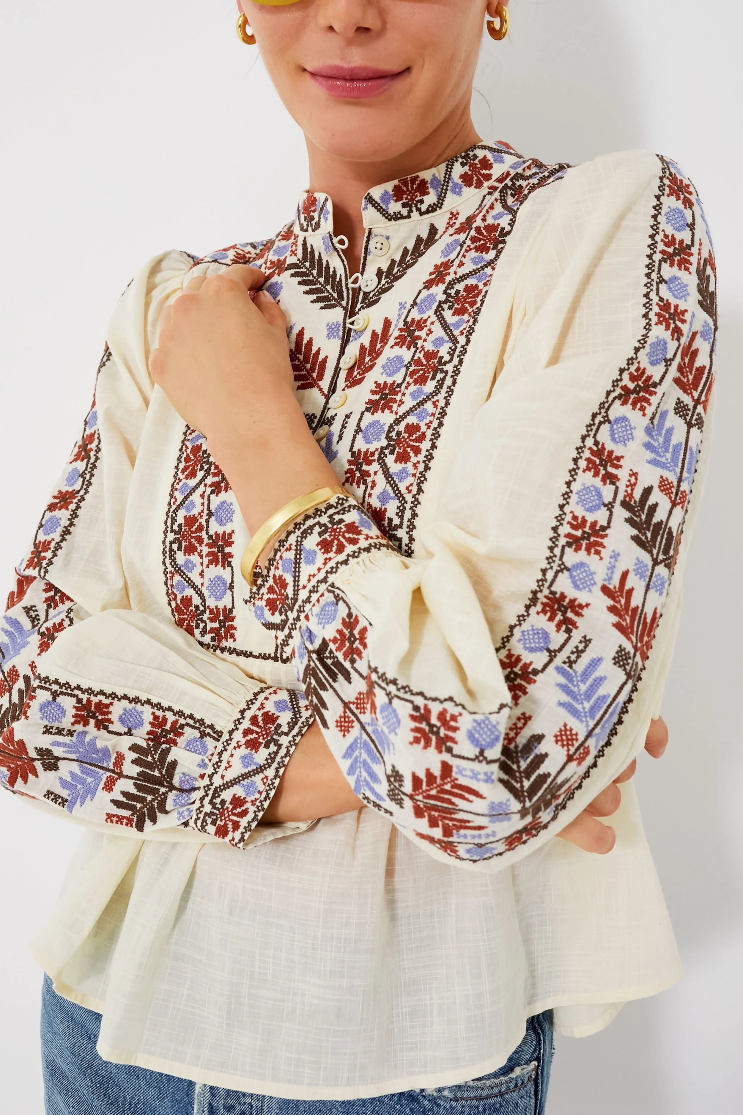 Cream Ellabeth Embroidered Long Sleeve Top
