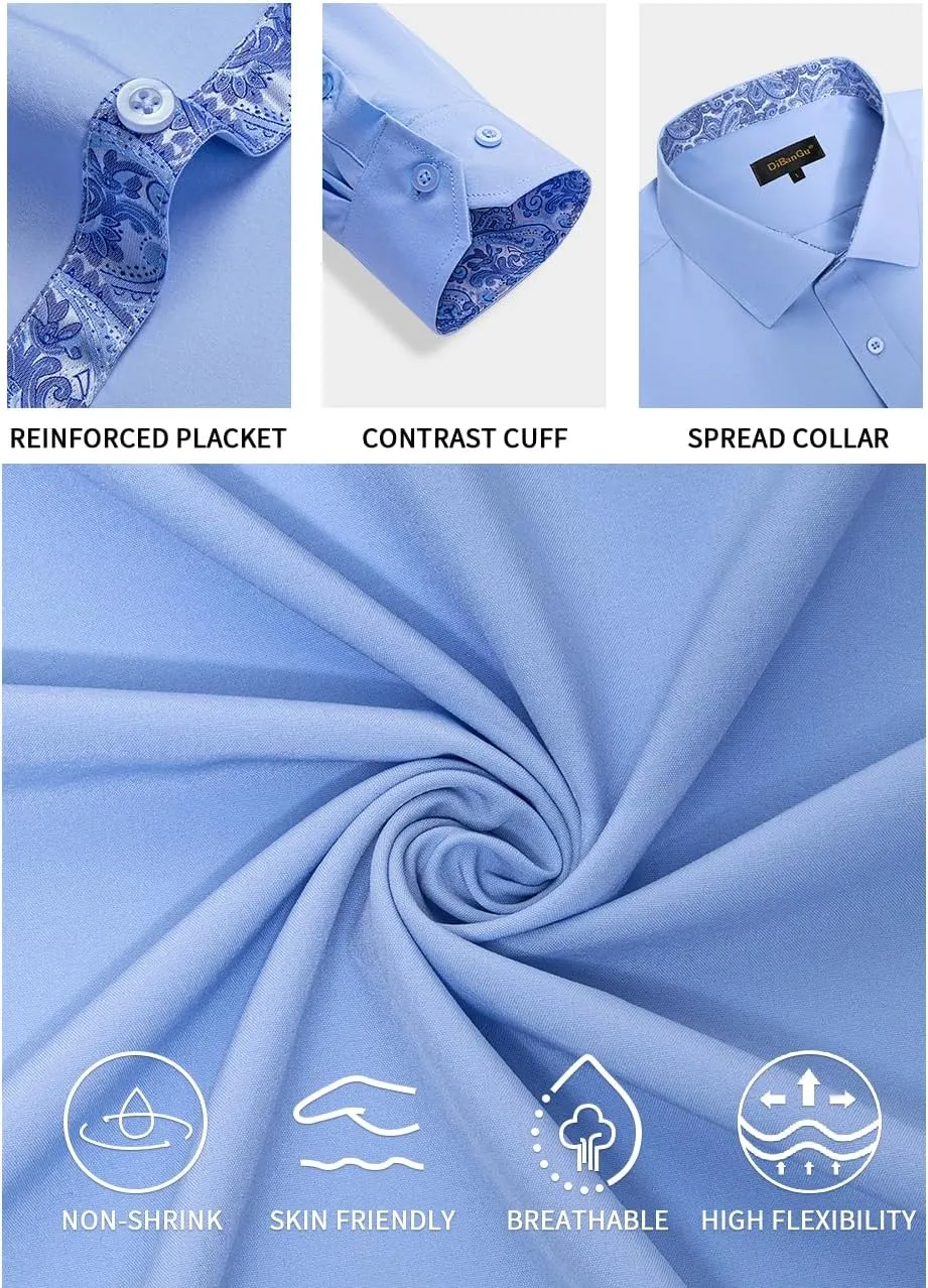DiBanGu Mens Stretch Dress Shirt Long Sleeve Button Down Shirt Cotton Business Casual Shirts with Inner Contrast Wedding Prom