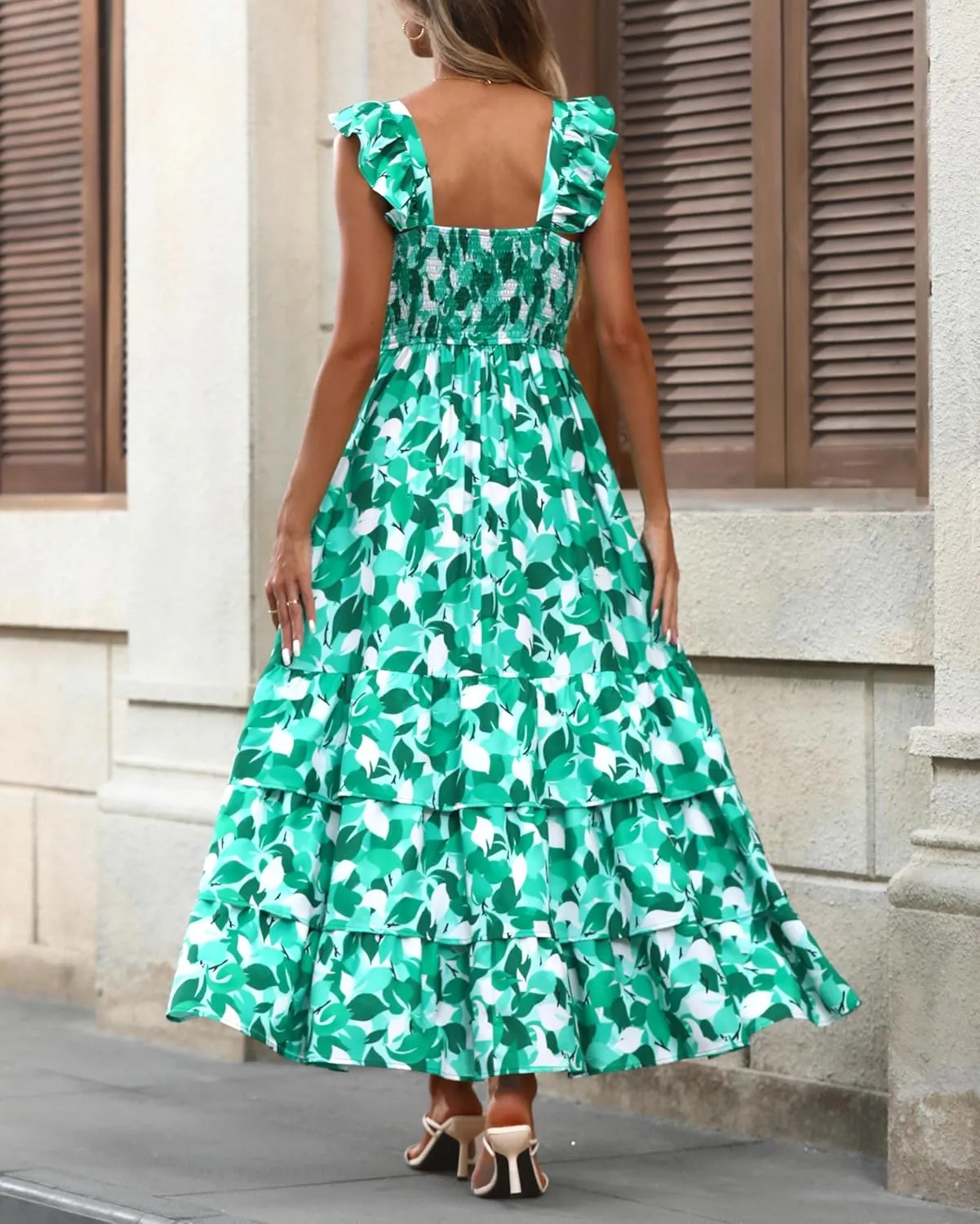 dowerme Summer Dresses for Women 2025 Casual Ruffle Smocked Tiered A-Line Boho Floral Maxi Beach Sun Dress with Pockets