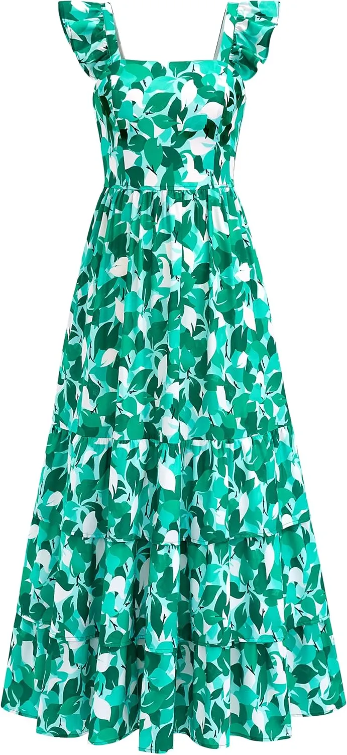 dowerme Summer Dresses for Women 2025 Casual Ruffle Smocked Tiered A-Line Boho Floral Maxi Beach Sun Dress with Pockets