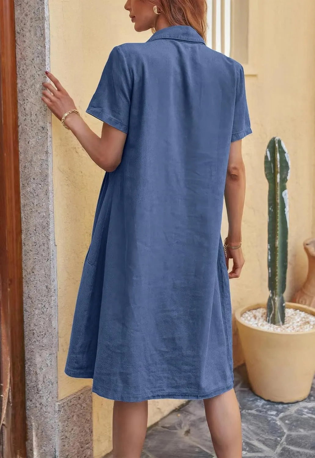 ebossy Women's Casual Short Sleeved Denim Shirt Dress Turn Down Collar Button Up Knee Length Tiered Jean Dress