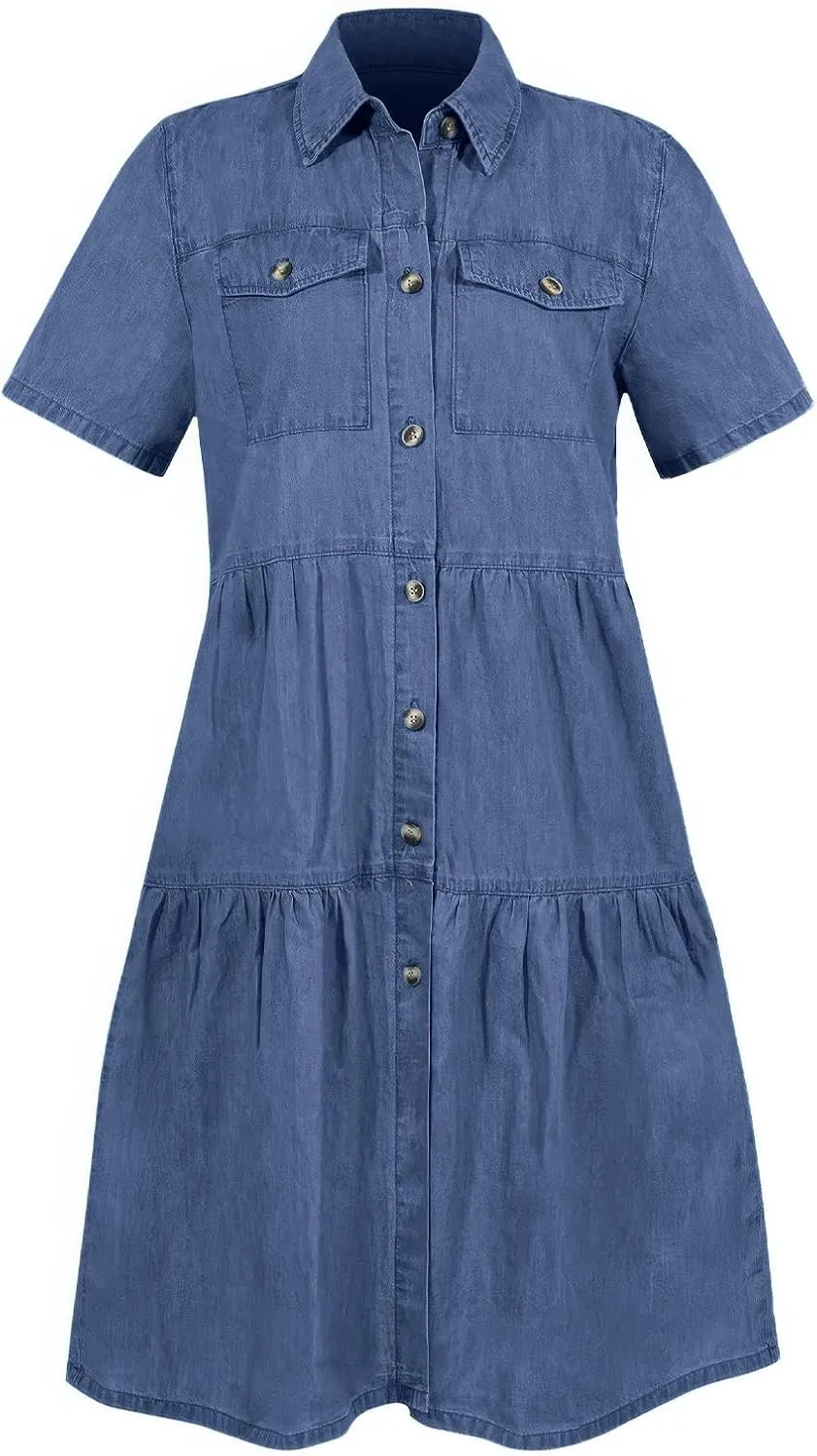 ebossy Women's Casual Short Sleeved Denim Shirt Dress Turn Down Collar Button Up Knee Length Tiered Jean Dress