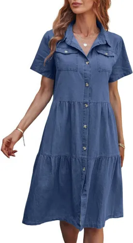 ebossy Women's Casual Short Sleeved Denim Shirt Dress Turn Down Collar Button Up Knee Length Tiered Jean Dress