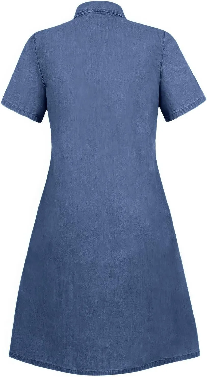 ebossy Women's Casual Short Sleeved Denim Shirt Dress Turn Down Collar Button Up Knee Length Tiered Jean Dress