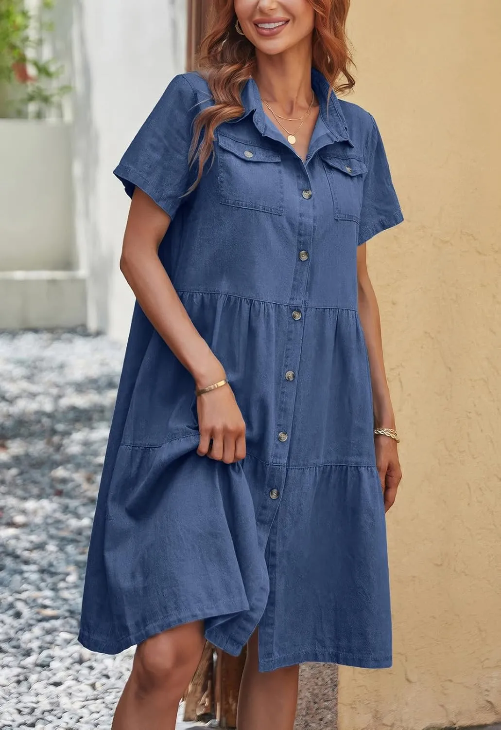 ebossy Women's Casual Short Sleeved Denim Shirt Dress Turn Down Collar Button Up Knee Length Tiered Jean Dress