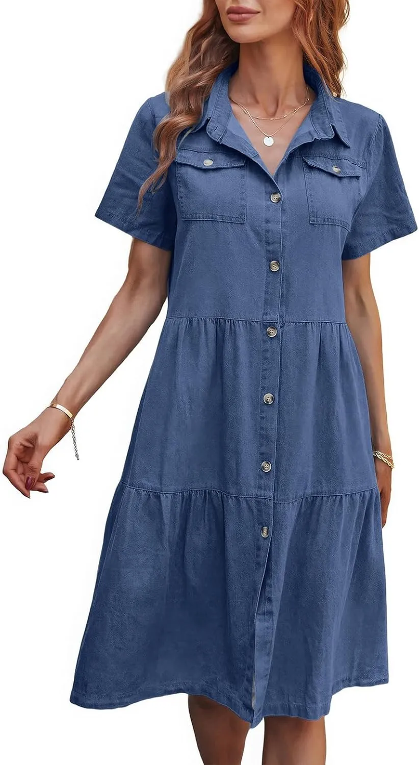 ebossy Women's Casual Short Sleeved Denim Shirt Dress Turn Down Collar Button Up Knee Length Tiered Jean Dress