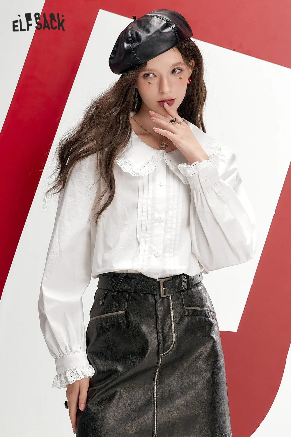 ELFSACK 2024 Autumn New Arrivals Women's white doll collar sweet lace patchwork shirt