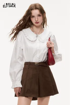 ELFSACK 2024 Autumn New Arrivals Women's white doll collar sweet lace patchwork shirt