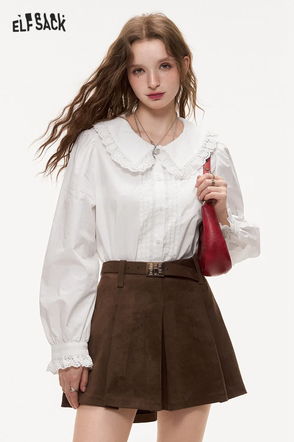 ELFSACK 2024 Autumn New Arrivals Women's white doll collar sweet lace patchwork shirt