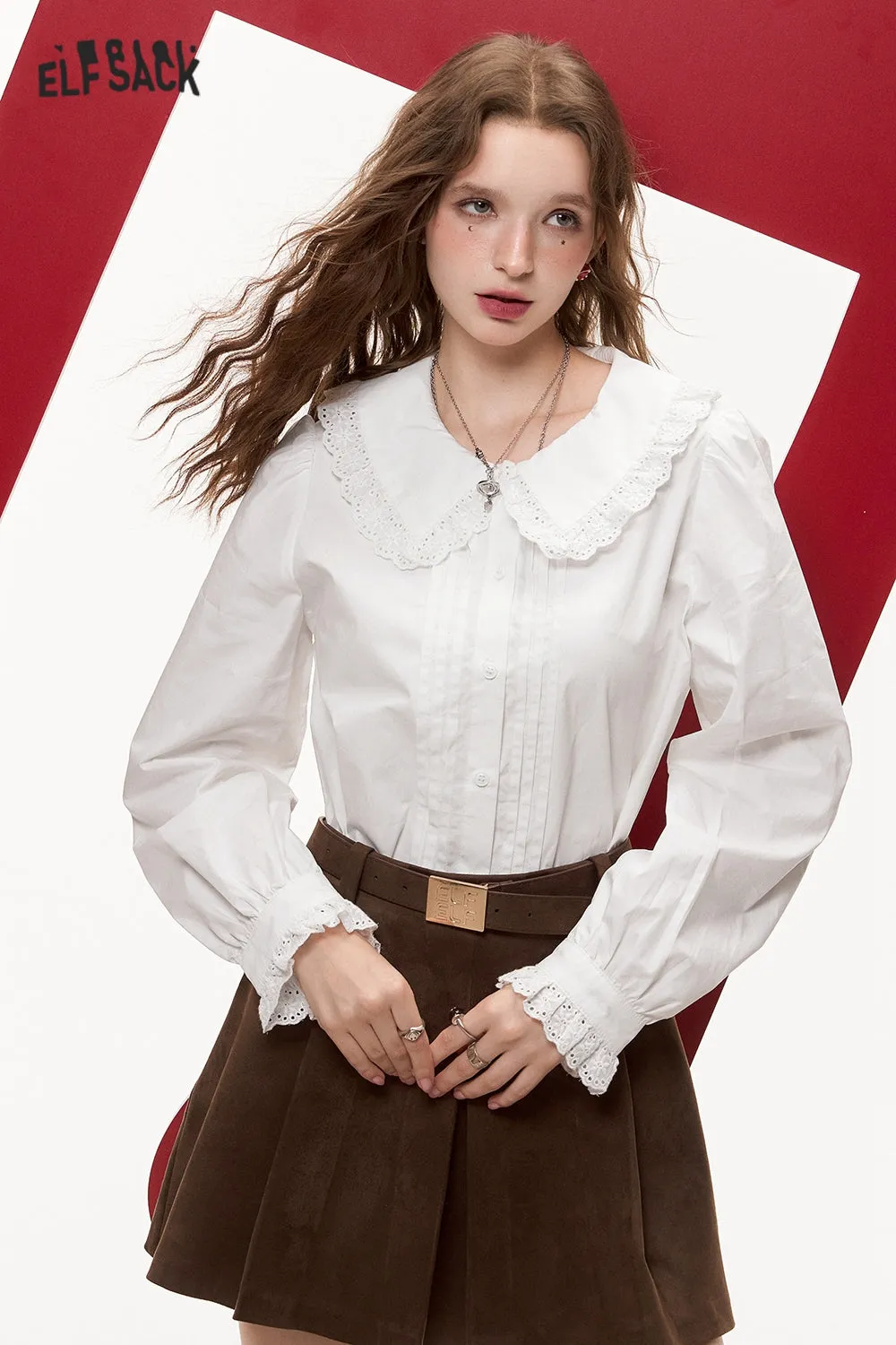 ELFSACK 2024 Autumn New Arrivals Women's white doll collar sweet lace patchwork shirt