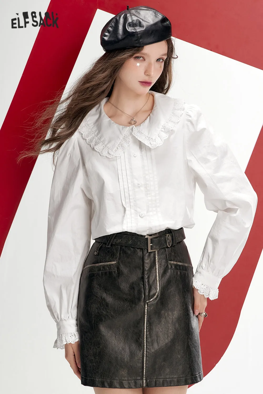 ELFSACK 2024 Autumn New Arrivals Women's white doll collar sweet lace patchwork shirt