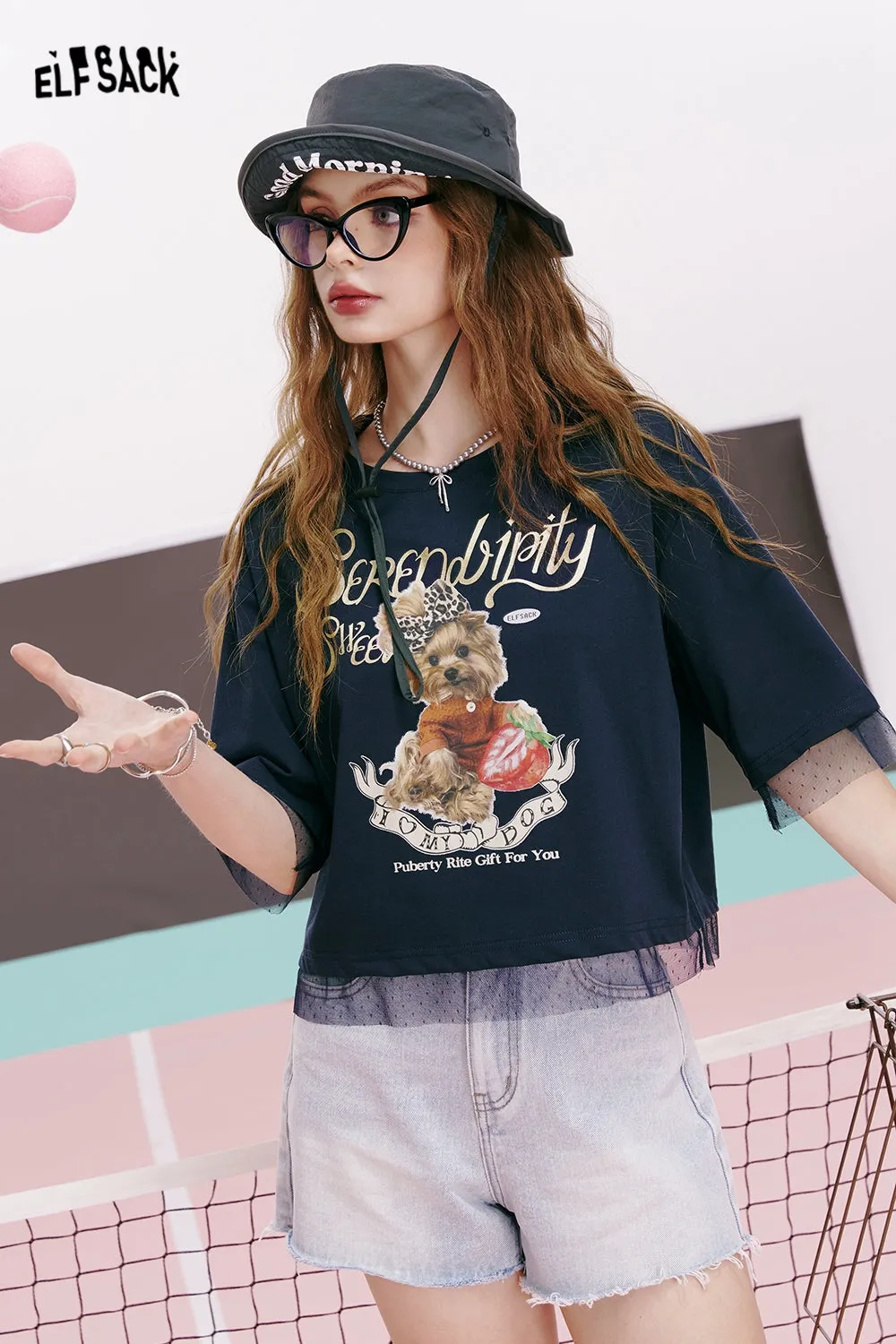 ELFSACK 2024 summer new arrival College style sweet lace cute patchwork loose white short-sleeved T-shirt for women