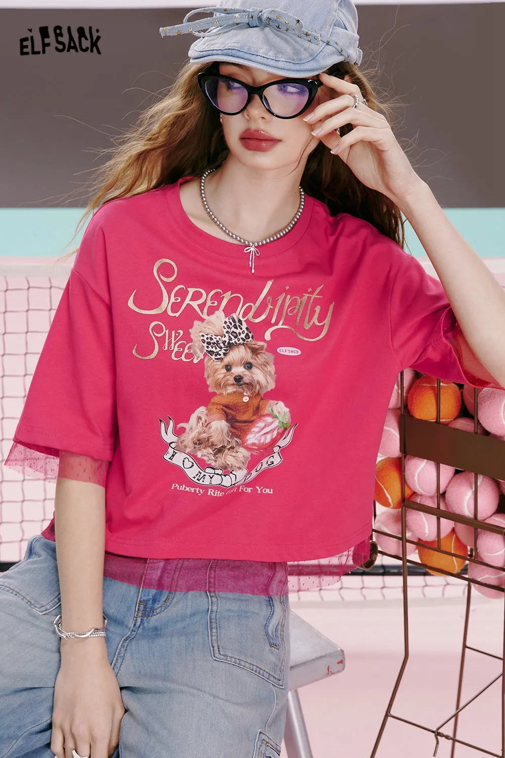 ELFSACK 2024 summer new arrival College style sweet lace cute patchwork loose white short-sleeved T-shirt for women