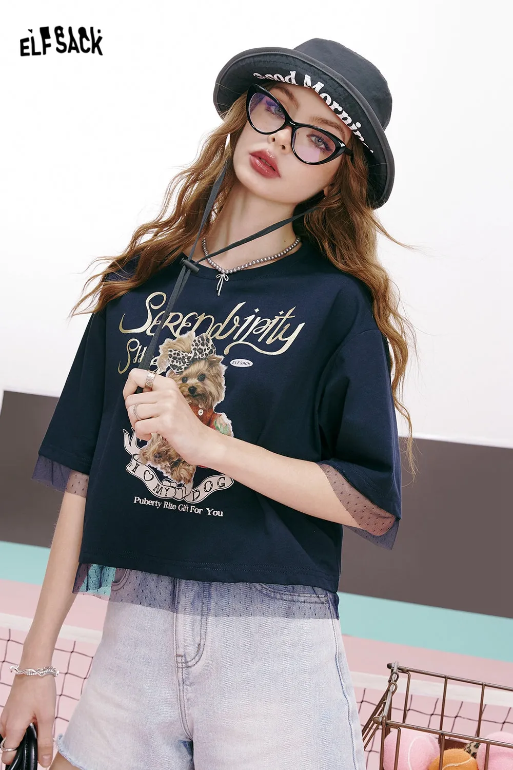 ELFSACK 2024 summer new arrival College style sweet lace cute patchwork loose white short-sleeved T-shirt for women
