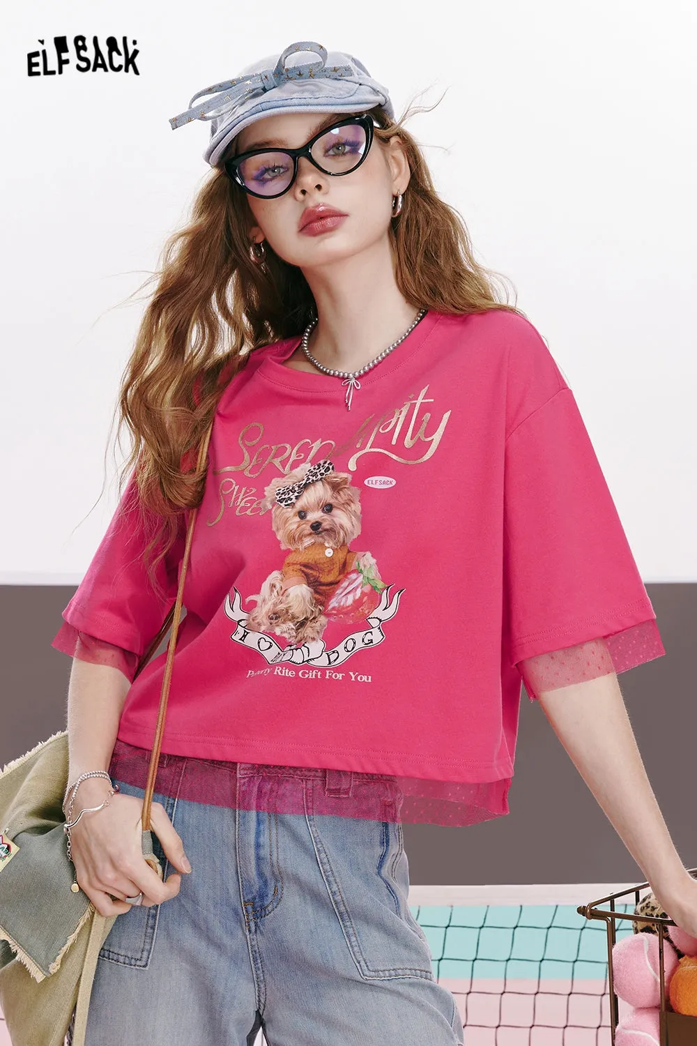 ELFSACK 2024 summer new arrival College style sweet lace cute patchwork loose white short-sleeved T-shirt for women