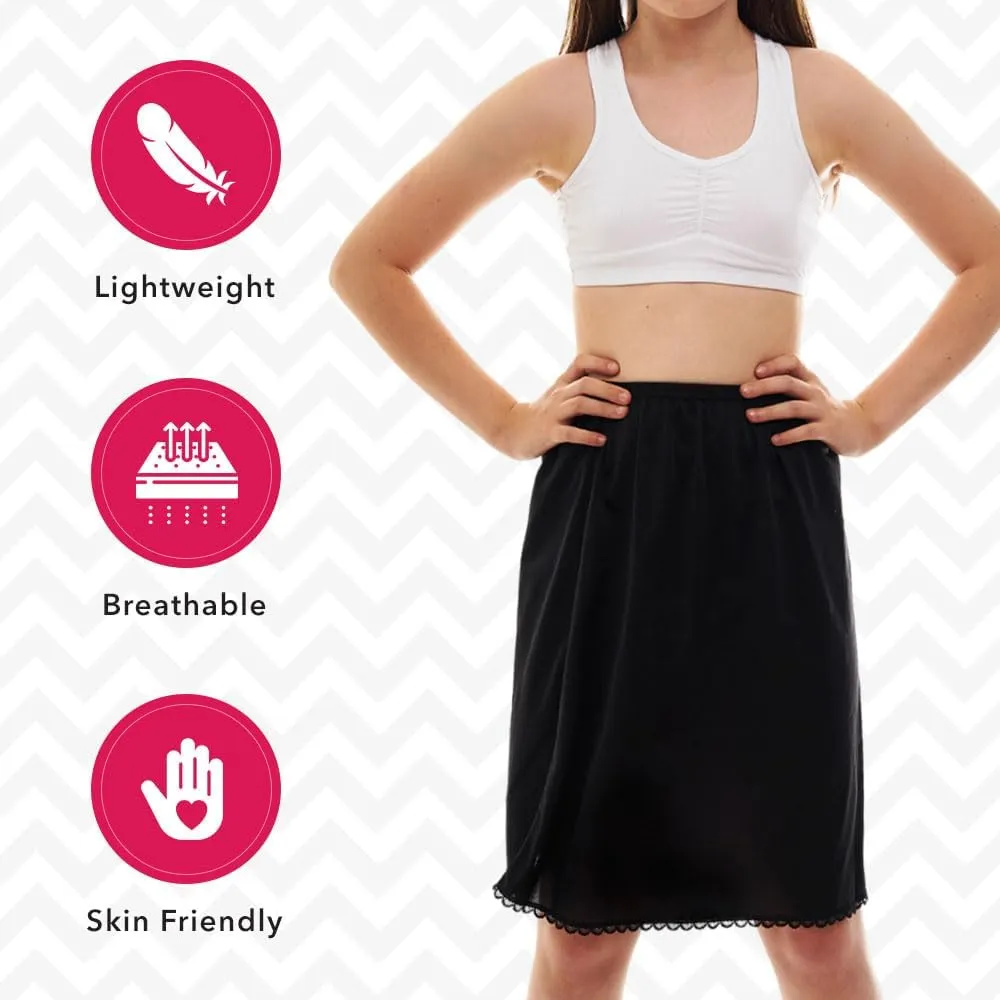 Girl's Half Slip Underdress, Non-cling, Silky Nylon Material, White or Black, Comfortable Covered Waistband and Lace Hemline