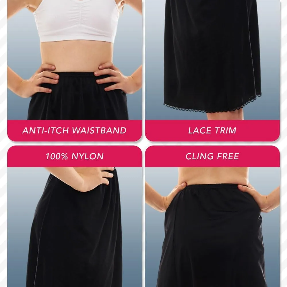 Girl's Half Slip Underdress, Non-cling, Silky Nylon Material, White or Black, Comfortable Covered Waistband and Lace Hemline