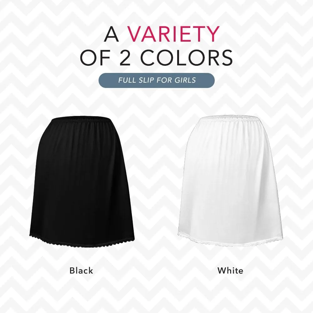 Girl's Half Slip Underdress, Non-cling, Silky Nylon Material, White or Black, Comfortable Covered Waistband and Lace Hemline
