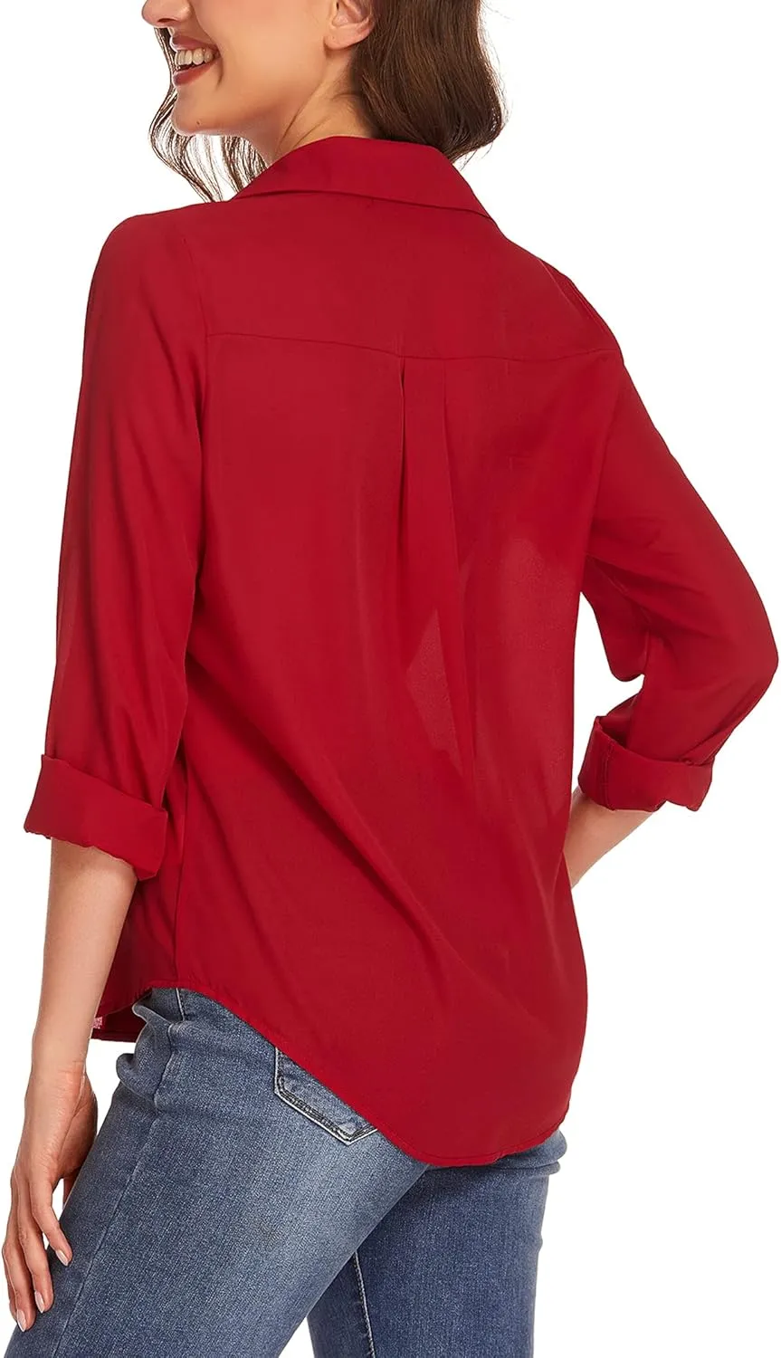 HOTOUCH Women Button Down Shirts with Pockets Long Sleeve Office Blouses Casual Business Tops Slim Fit Chiffon Shirts S-XXL
