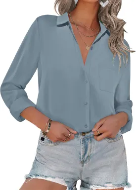 HOTOUCH Women Button Down Shirts with Pockets Long Sleeve Office Blouses Casual Business Tops Slim Fit Chiffon Shirts S-XXL