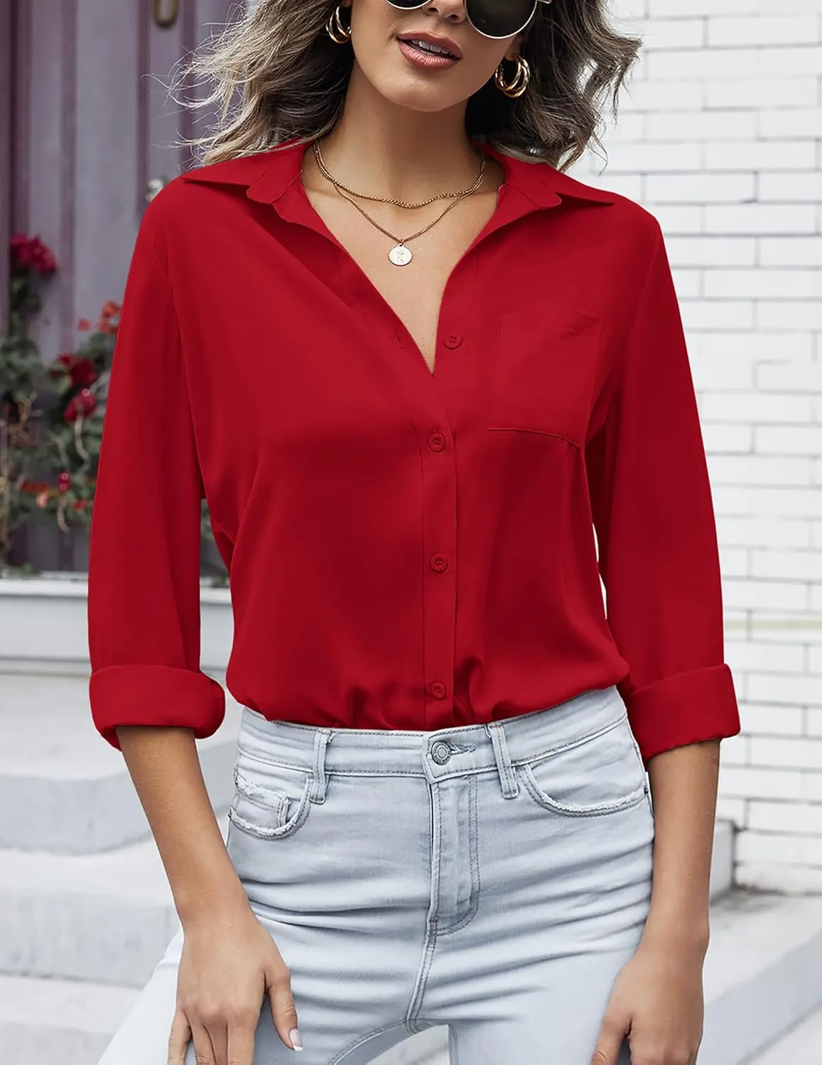 HOTOUCH Women Button Down Shirts with Pockets Long Sleeve Office Blouses Casual Business Tops Slim Fit Chiffon Shirts S-XXL