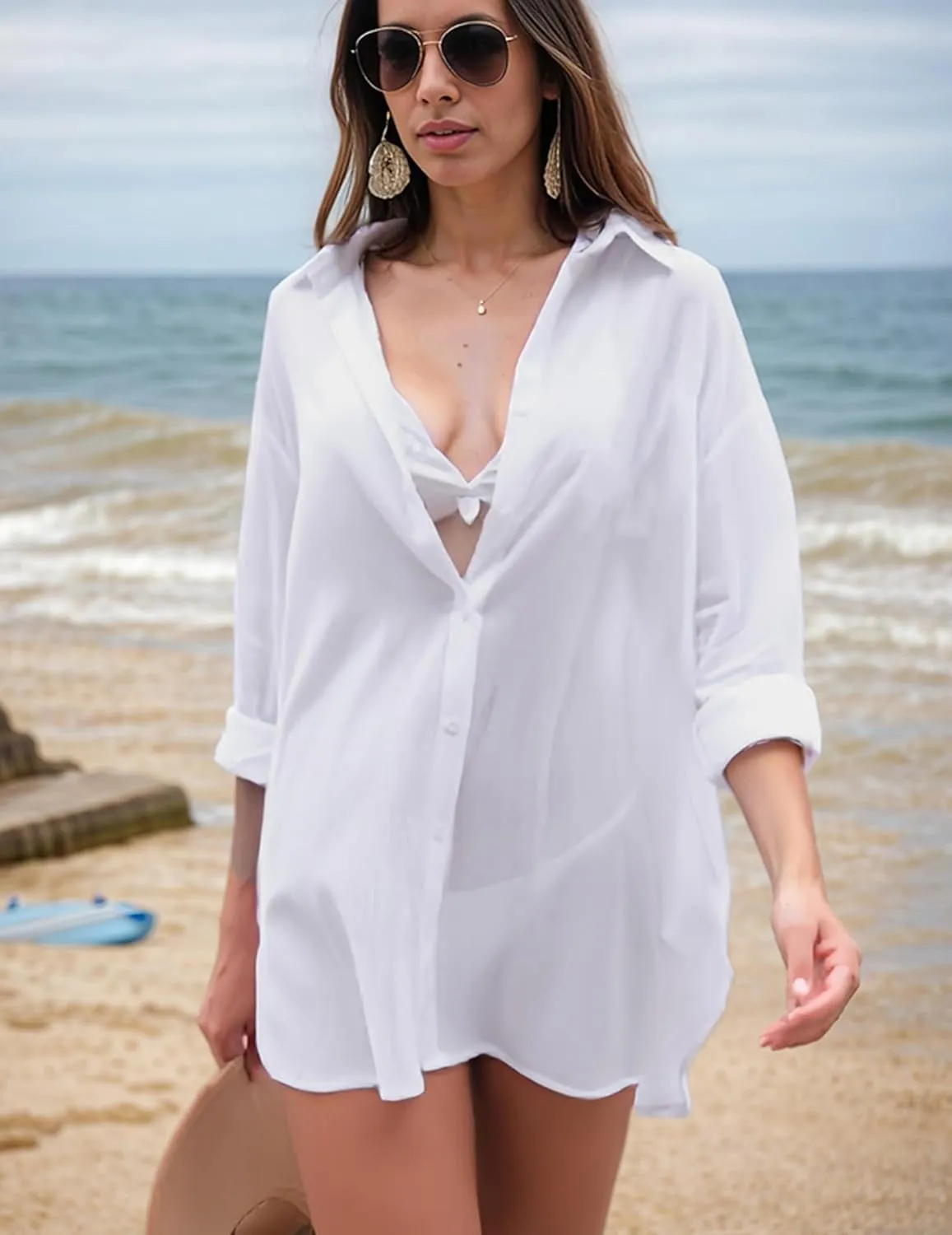 HOTOUCH Women Oversized Button Down Shirts Boyfriend Long Sleeve Blouse Collared Tops