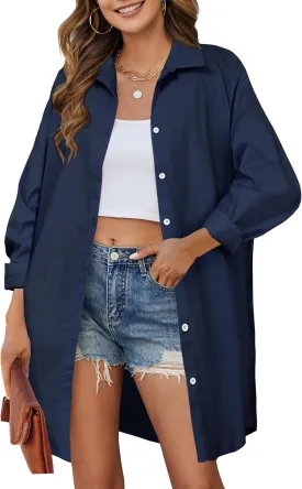 HOTOUCH Women Oversized Button Down Shirts Boyfriend Long Sleeve Blouse Collared Tops