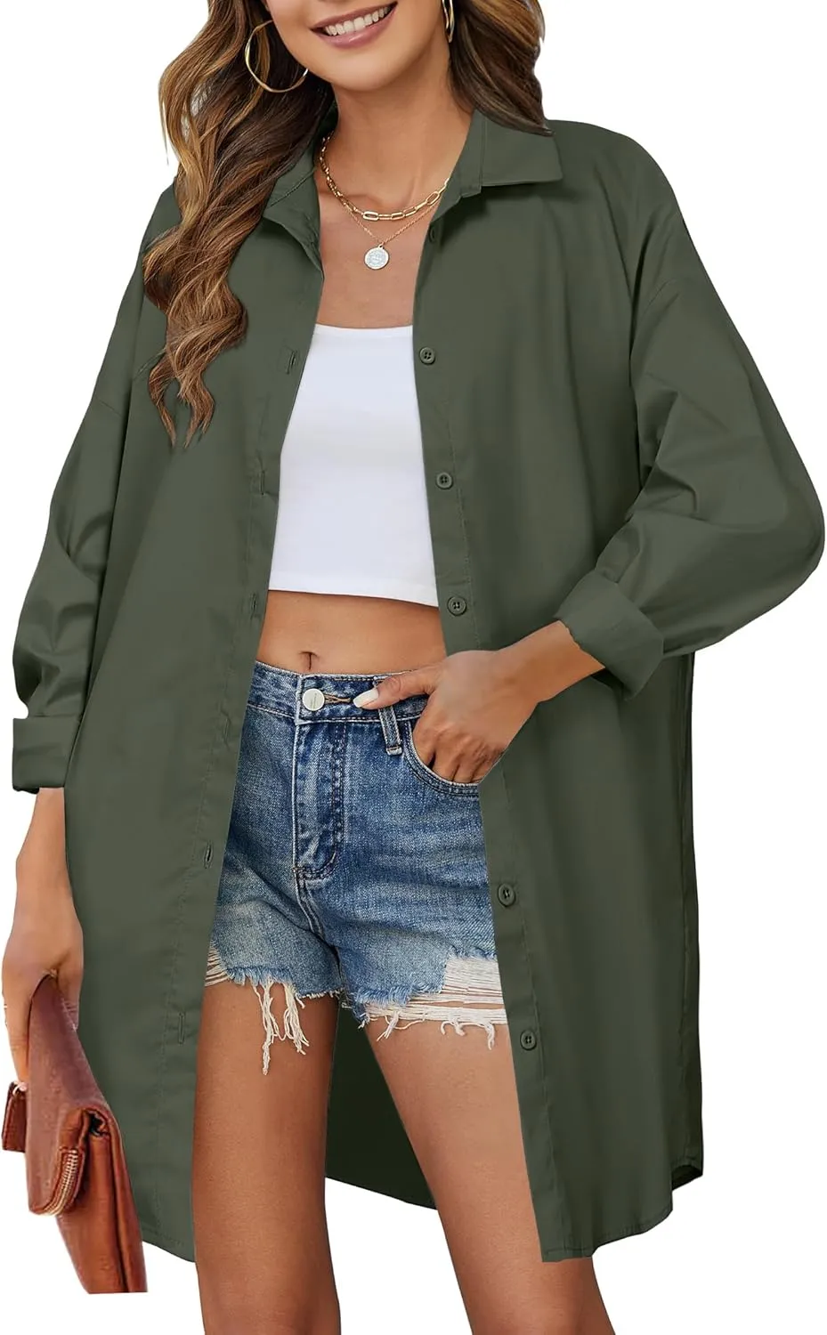 HOTOUCH Women Oversized Button Down Shirts Boyfriend Long Sleeve Blouse Collared Tops