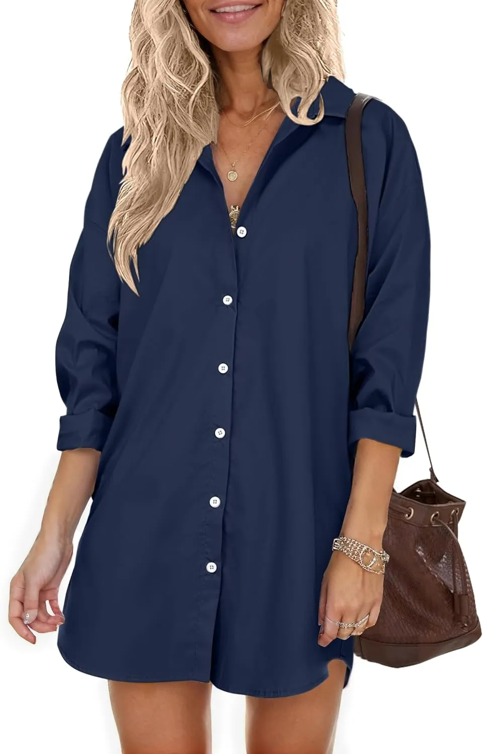 HOTOUCH Women Oversized Button Down Shirts Boyfriend Long Sleeve Blouse Collared Tops