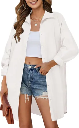 HOTOUCH Women Oversized Button Down Shirts Boyfriend Long Sleeve Blouse Collared Tops