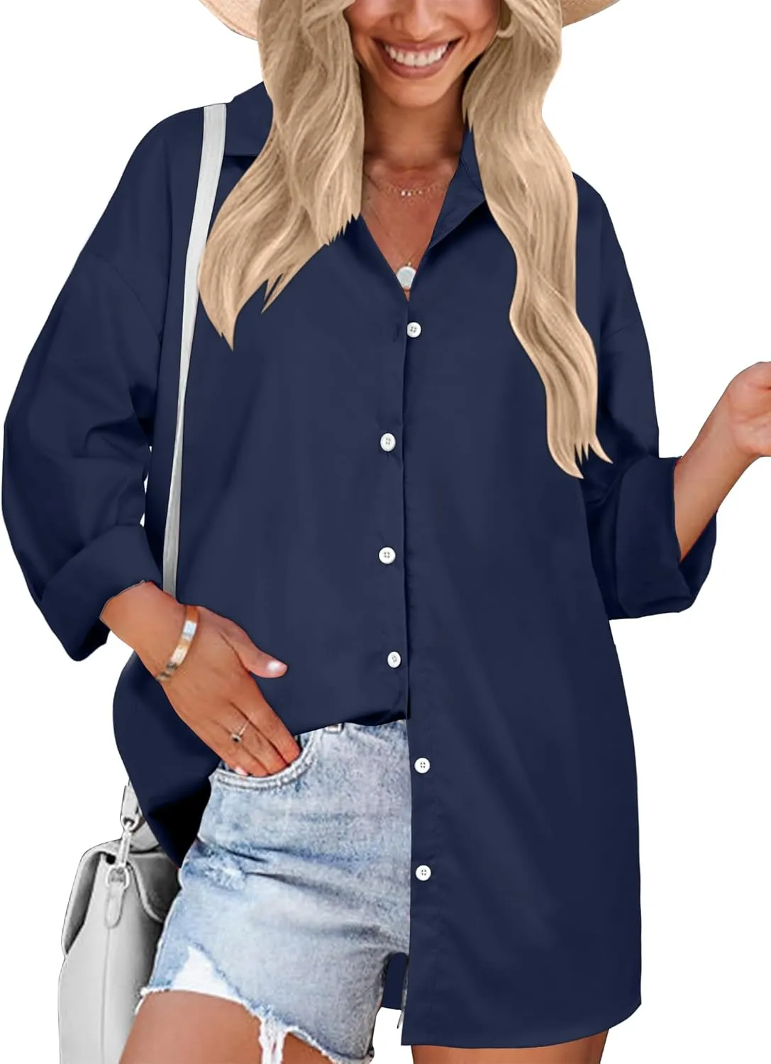 HOTOUCH Women Oversized Button Down Shirts Boyfriend Long Sleeve Blouse Collared Tops