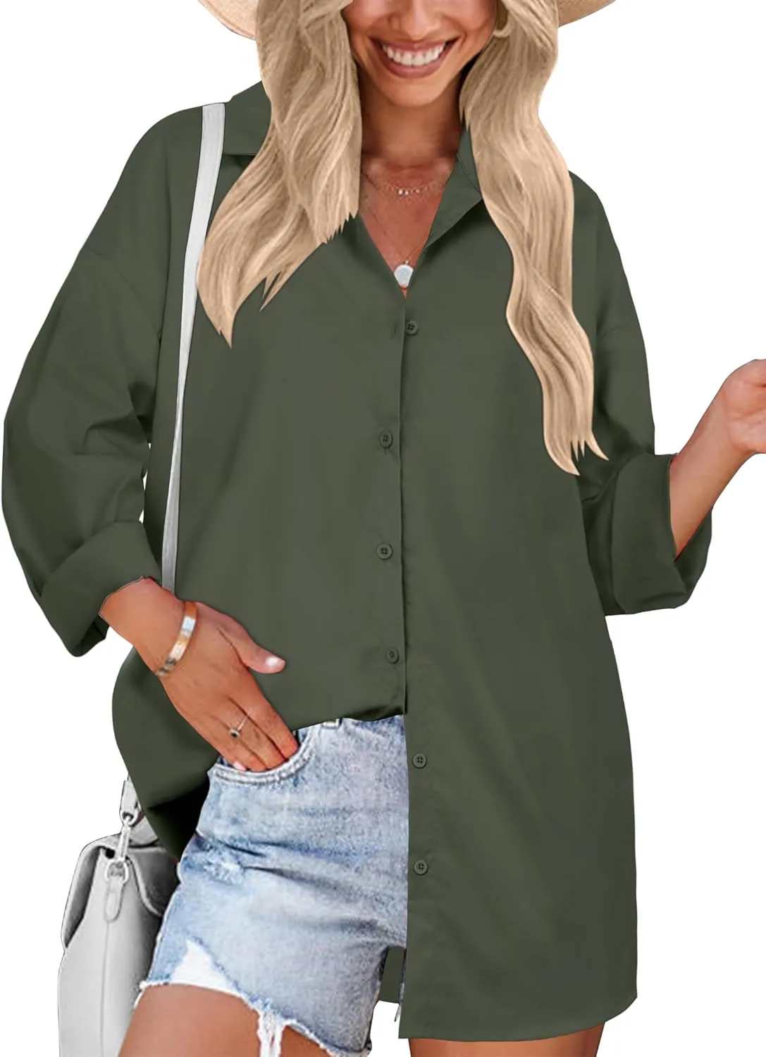 HOTOUCH Women Oversized Button Down Shirts Boyfriend Long Sleeve Blouse Collared Tops