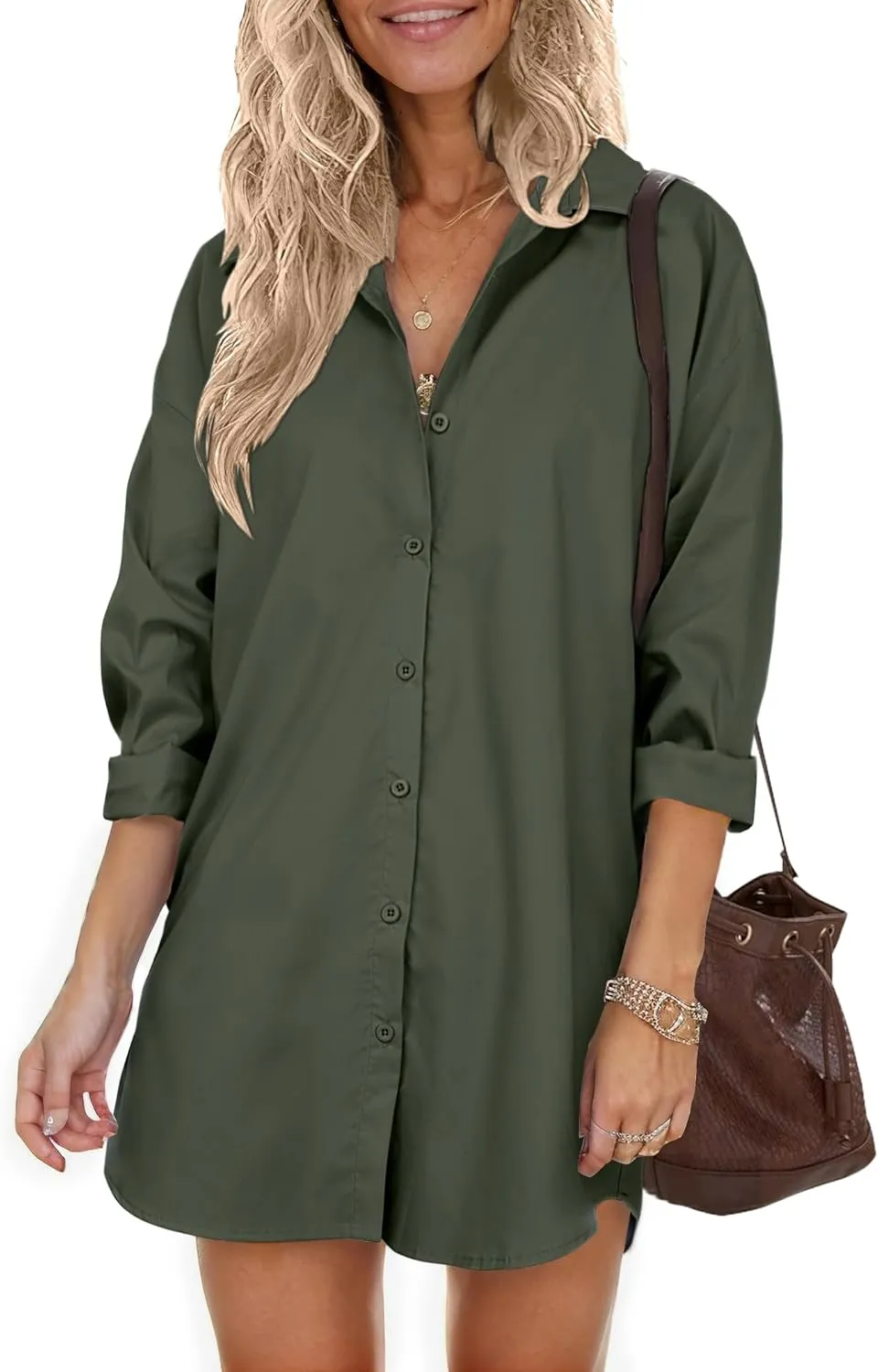 HOTOUCH Women Oversized Button Down Shirts Boyfriend Long Sleeve Blouse Collared Tops