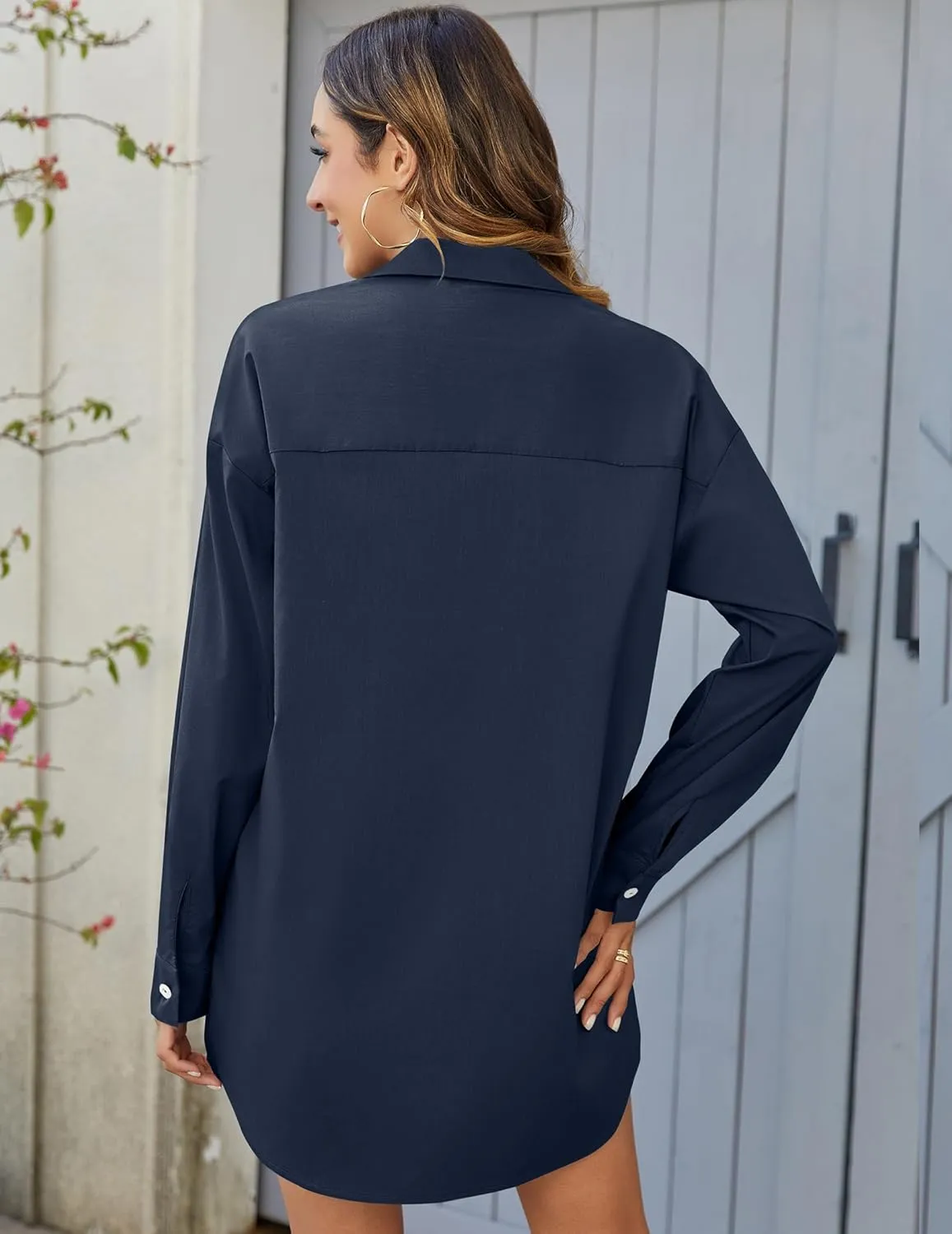 HOTOUCH Women Oversized Button Down Shirts Boyfriend Long Sleeve Blouse Collared Tops