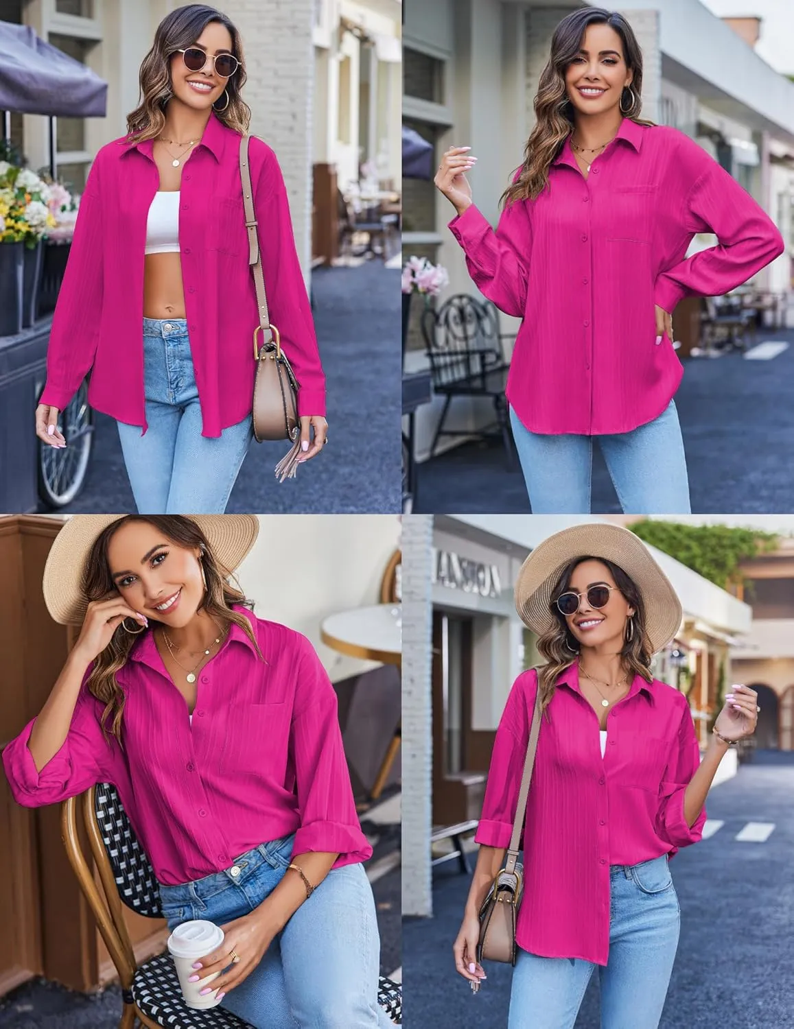 HOTOUCH Womens Button Down Shirt Casual Long Sleeves Loose fit Classic Collared Blouses Fasion Textured Top with Pockets